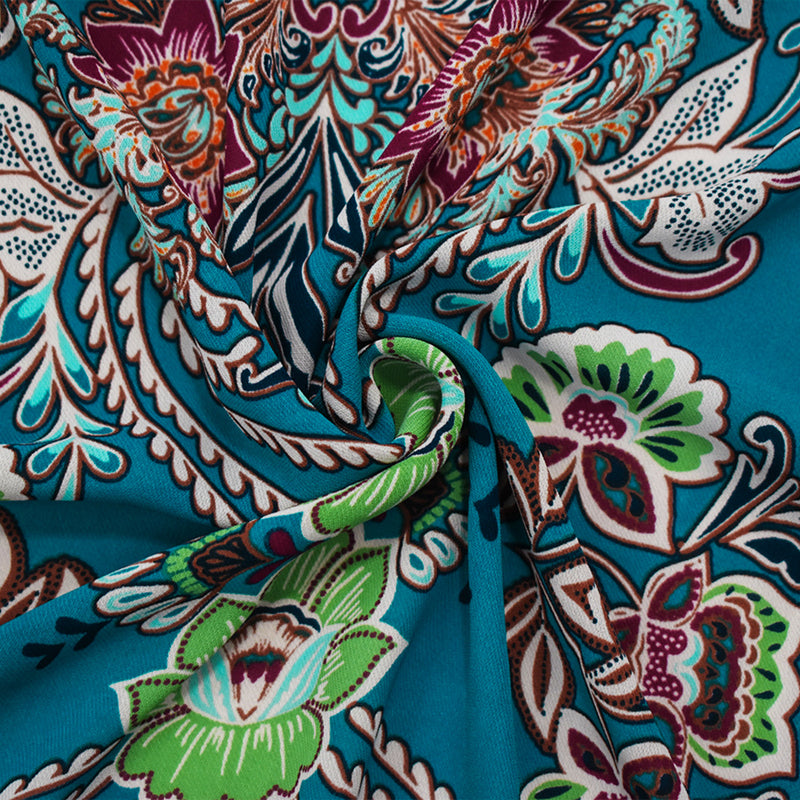 Teal-Green-Multi Poly Floral Baroque Printed Chiffon Woven Fabric