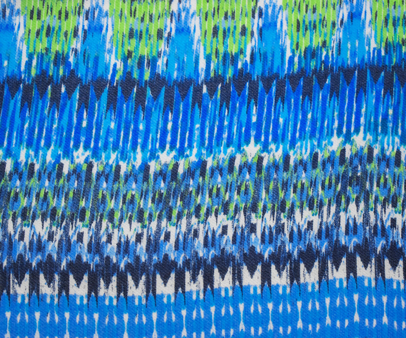Blue-Lime-Multi Poly Abstract Ikat Printed Chiffon Woven Fabric