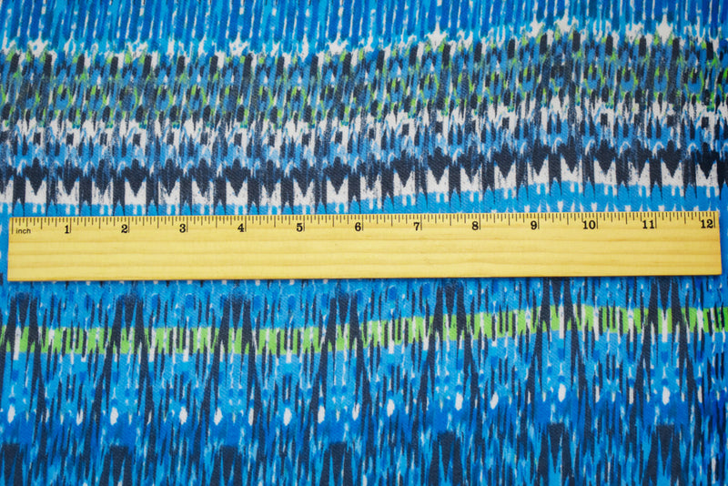 Blue-Lime-Multi Poly Abstract Ikat Printed Chiffon Woven Fabric