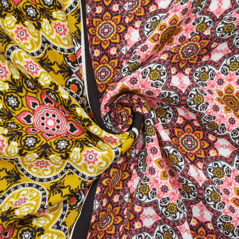 Brown-Orange-Multi Poly Floral Border Printed Crepe Momie Georgette Fabric