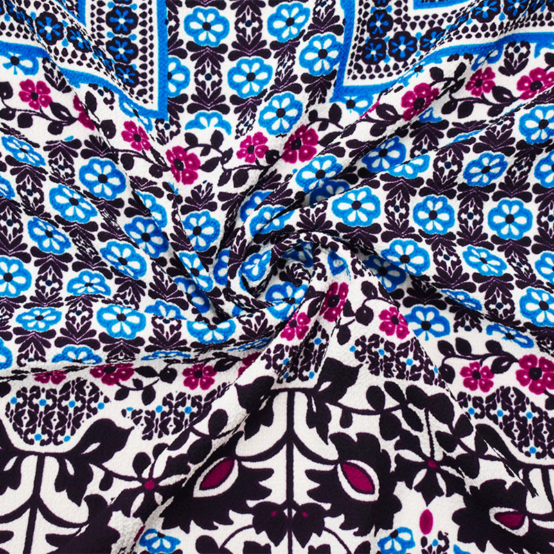 Black-Fuchsia-Multi Poly Floral Border Printed Pebble Crepe Woven Fabric