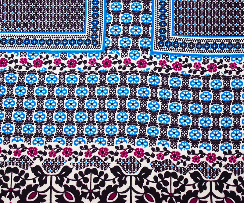 Black-Fuchsia-Multi Poly Floral Border Printed Pebble Crepe Woven Fabric