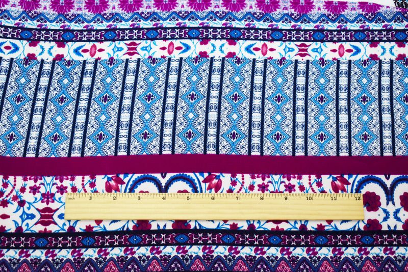 Blue-Fuchsia-Teal Poly Boho Multi Border Pattern Print Pebble Crepe Fabric