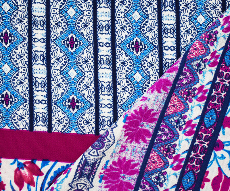 Blue-Fuchsia-Teal Poly Boho Multi Border Pattern Print Pebble Crepe Fabric