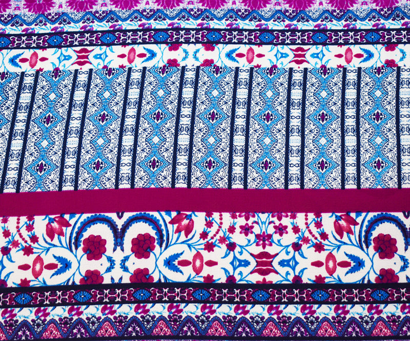 Blue-Fuchsia-Teal Poly Boho Multi Border Pattern Print Pebble Crepe Fabric
