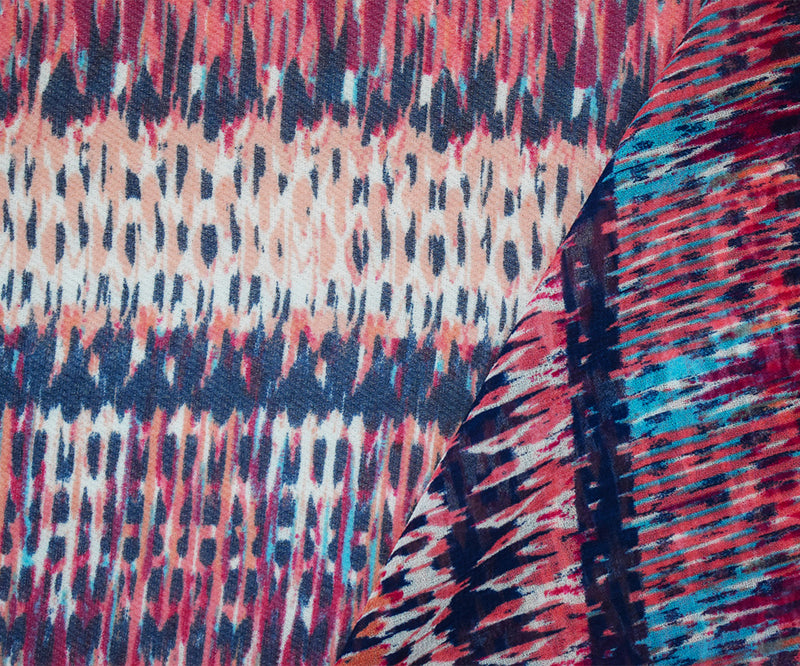 Navy-Coral-Multi Poly Aztec Ikat Printed Chiffon Woven Fabric