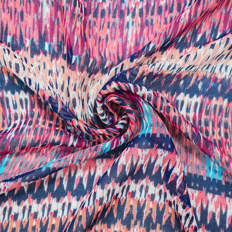Navy-Coral-Multi Poly Aztec Ikat Printed Chiffon Woven Fabric