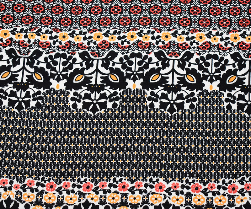 Black-Orange-Multi Poly Floral Border Printed Pebble Crepe Woven Fabric