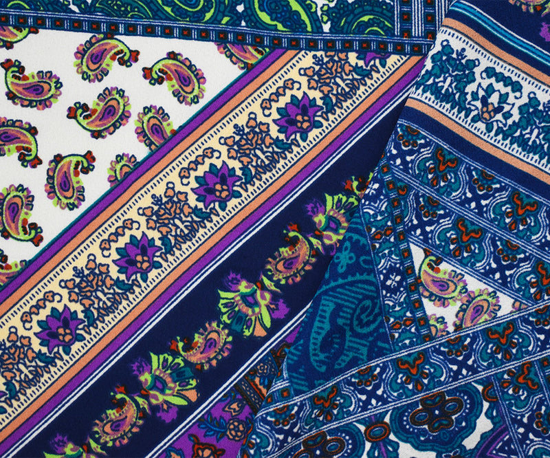 Deep Teal-Blue-Multi Paisley Bandana Printed Momie Georgette Woven Fabric