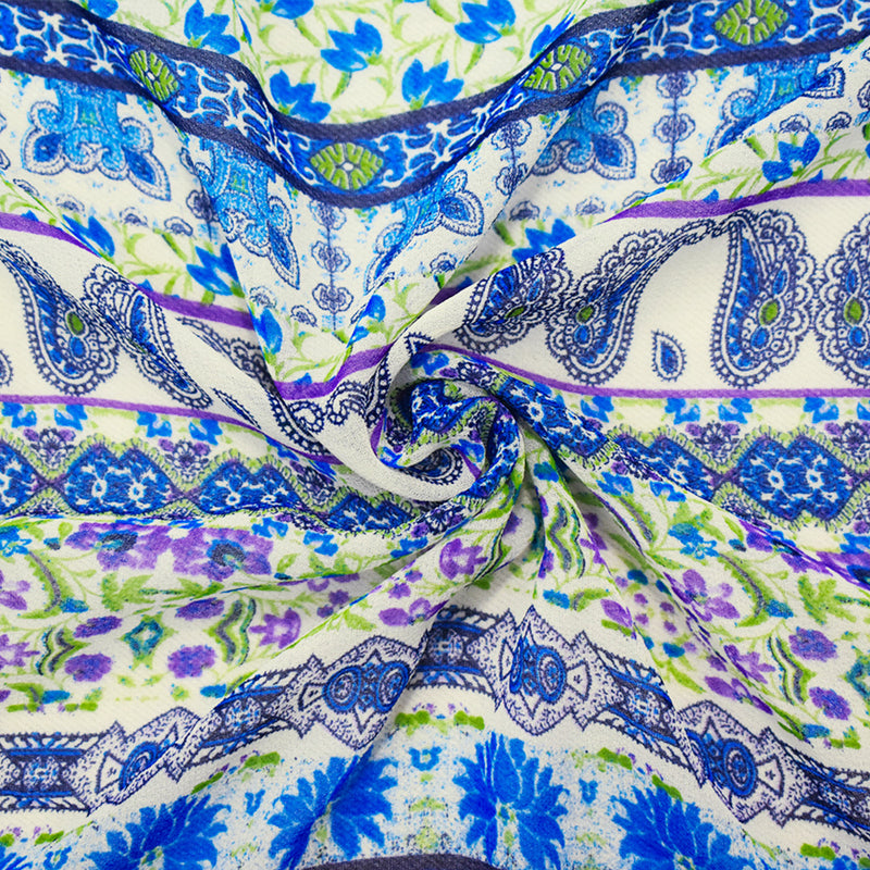 Blue-Purple-Multi Poly Border Floral Printed Chiffon Woven Fabric