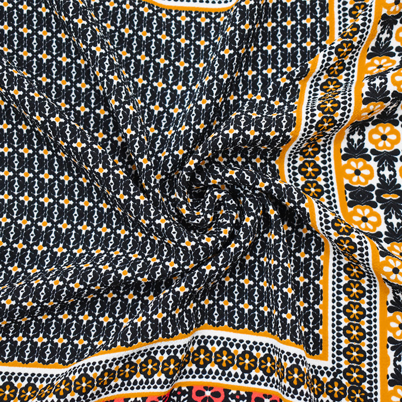 Black-Orange-Multi Border Printed Crepe Momie Georgette Woven Fabric