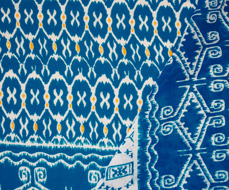 Turquoise-White-Yellow Poly Aztec Striped Printed Chiffon Woven Fabric