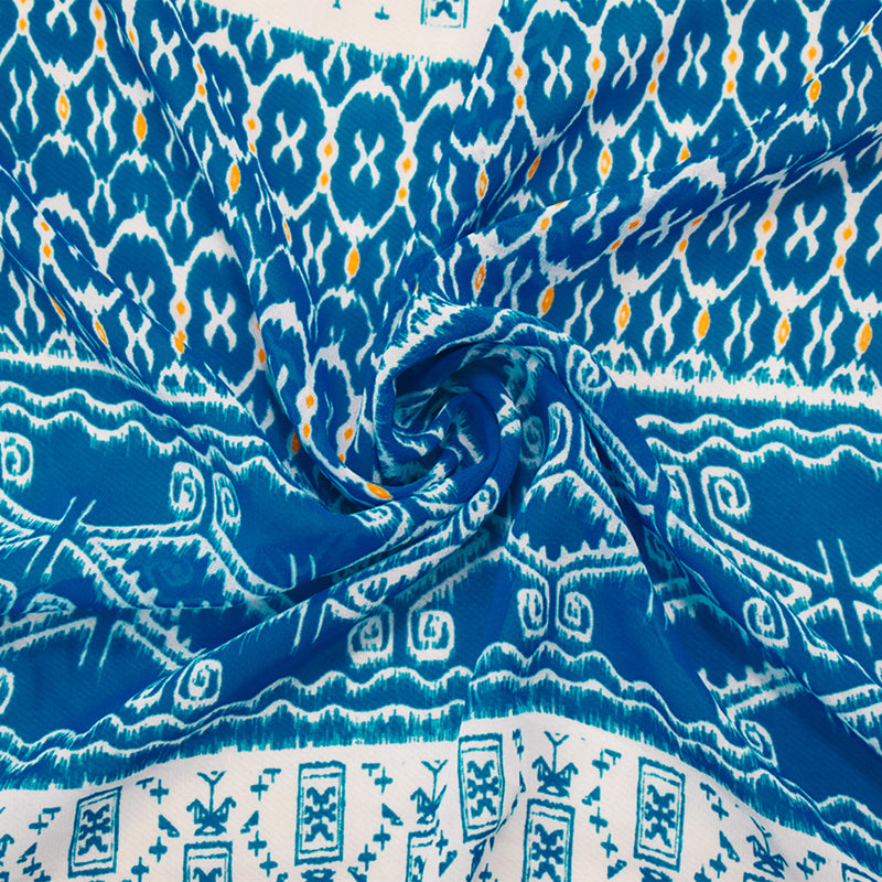 Turquoise-White-Yellow Poly Aztec Striped Printed Chiffon Woven Fabric