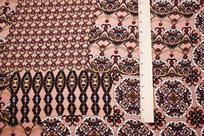 Tan Beige-Brown Multi Pattern Mandala Printed Crinkled Dobby Woven Fabric