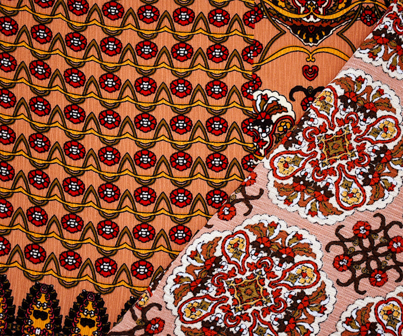 Tan Beige-Brown Multi Pattern Mandala Printed Crinkled Dobby Woven Fabric
