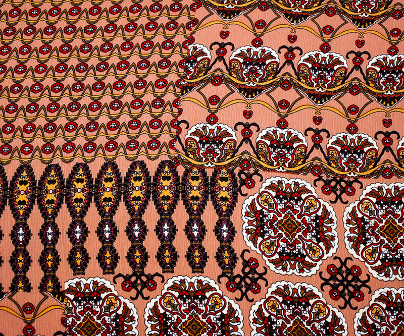 Tan Beige-Brown Multi Pattern Mandala Printed Crinkled Dobby Woven Fabric