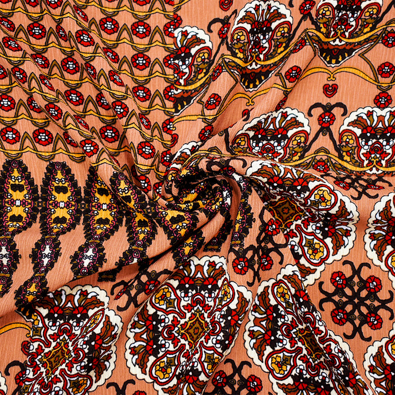 Tan Beige-Brown Multi Pattern Mandala Printed Crinkled Dobby Woven Fabric