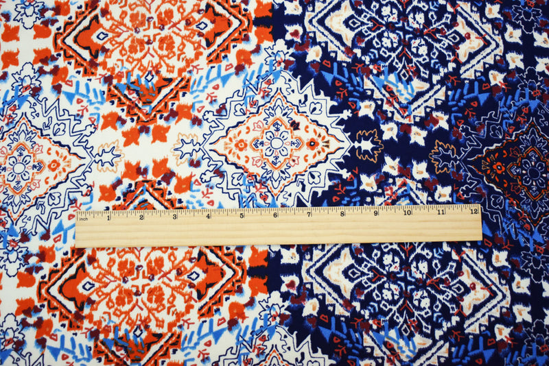 Deep Blue-Orange-Multi Aztec Printed Momie Crepe Georgette Woven Fabric