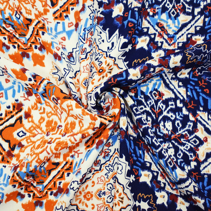 Deep Blue-Orange-Multi Aztec Printed Momie Crepe Georgette Woven Fabric
