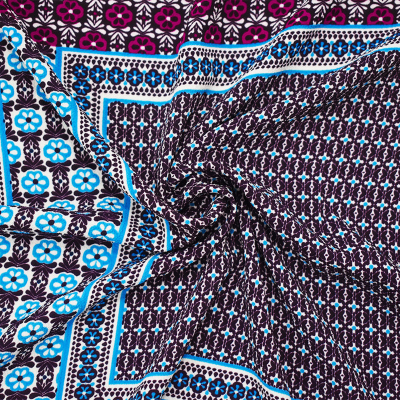 Deep Purple-Multi Poly Border Printed Pebble Crepe Woven Fabric