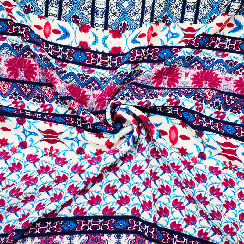 Purple-Fuchsia-Multi Poly Boho Multi Pattern Printed Pebble Crepe Fabric
