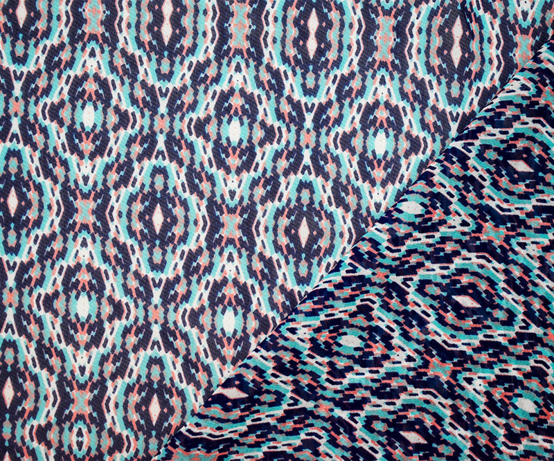 Deep Navy-Coral-Multi Poly Aztec Printed Chiffon woven Fabric