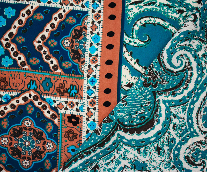 Deep Teal-Apricot Multi Poly Moroccan Border Printed Momie Georgette Fabric