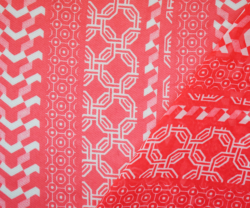 Bright Coral Red-Ivory Poly Moroccan Striped Printed Chiffon Woven Fabric