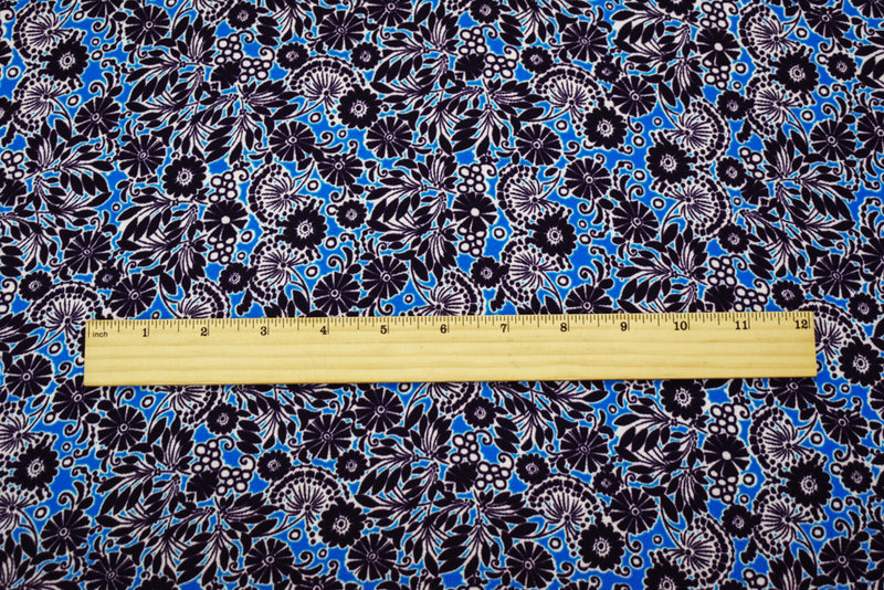 Deep Purple-Aqua-White Poly Floral Printed Pebble Crepe Woven Fabric
