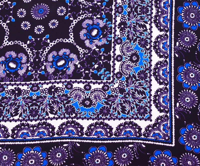 Purple-Turquoise-Ivory Poly Floral Bordered Printed Crepe Woven Fabric