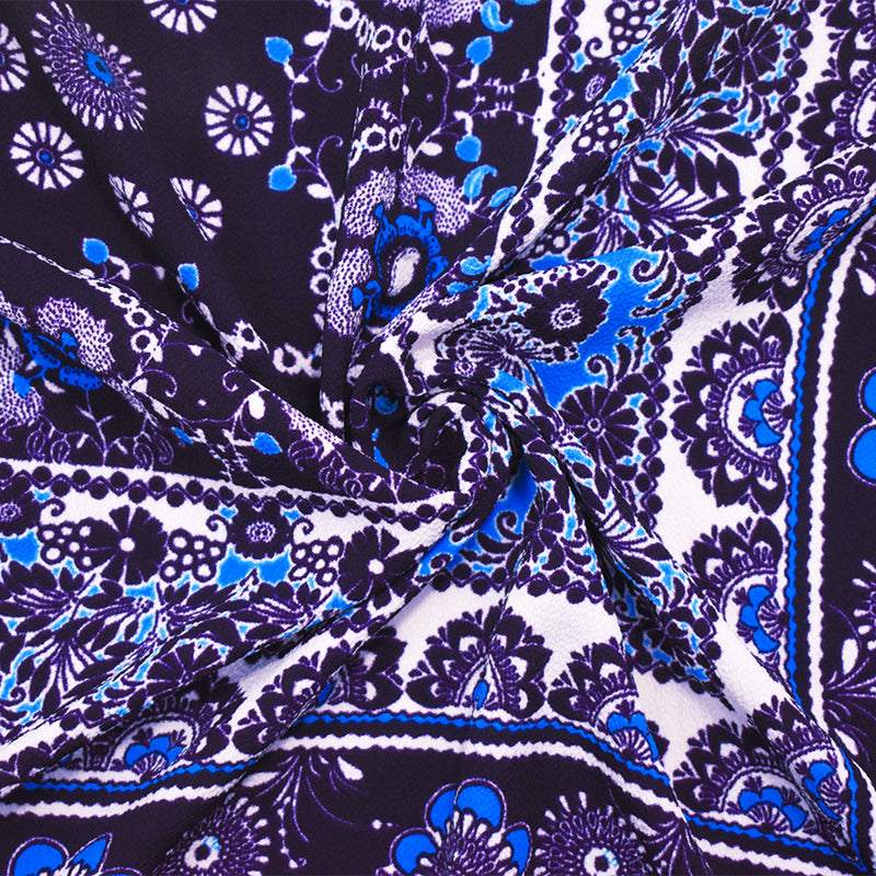 Purple-Turquoise-Ivory Poly Floral Bordered Printed Crepe Woven Fabric