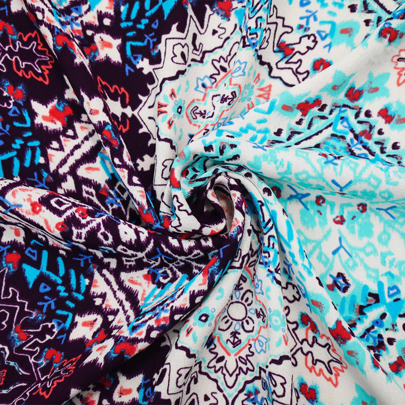 Purple-Aqua-Multi Poly Aztec Printed Momie Georgette Crepe Woven Fabric