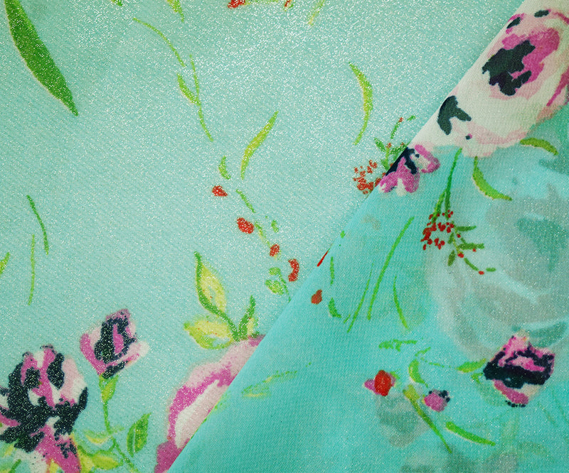 Pastel Teal-Silver Poly Floral Printed Chiffon Woven Fabric