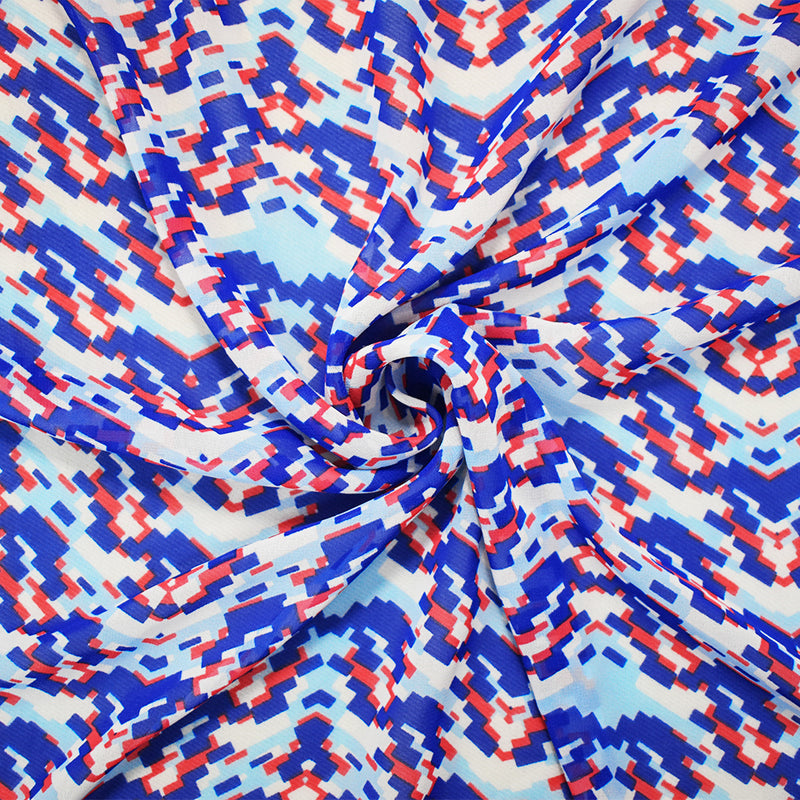 Blue-Red-White Poly Pixel Chevron Printed Chiffon Woven Fabric
