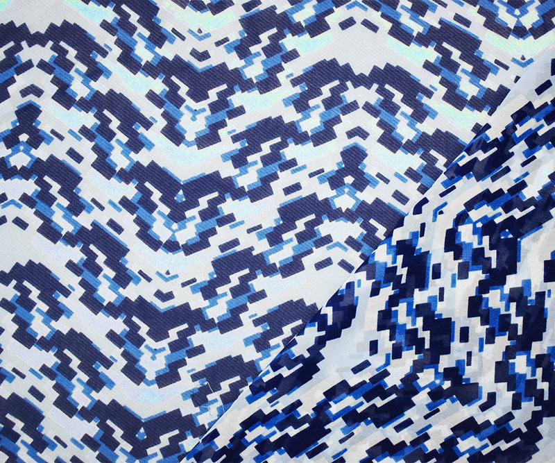 Blue-White Poly Pixel Chevron Printed Chiffon Woven Fabric
