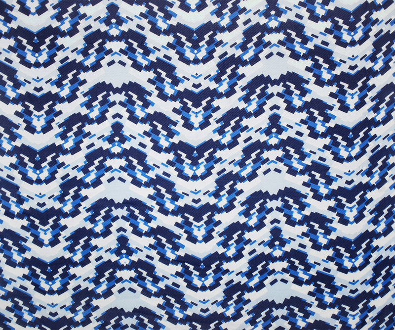 Blue-White Poly Pixel Chevron Printed Chiffon Woven Fabric