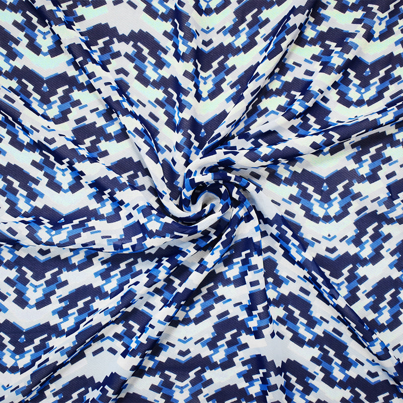 Blue-White Poly Pixel Chevron Printed Chiffon Woven Fabric