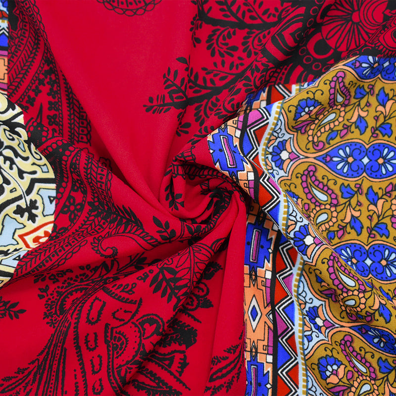 Red-Blue-Orange Poly Multi Pattern Print Momie Crepe Georgette Woven Fabric