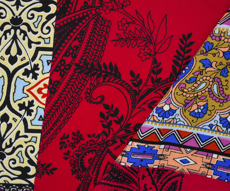 Red-Blue-Orange Poly Multi Pattern Print Momie Crepe Georgette Woven Fabric