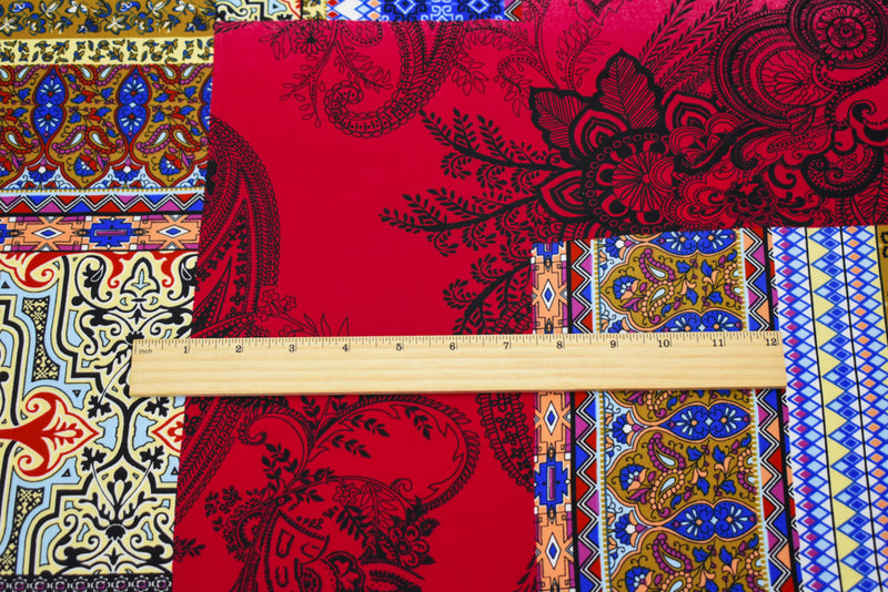 Red-Blue-Orange Poly Multi Pattern Print Momie Crepe Georgette Woven Fabric
