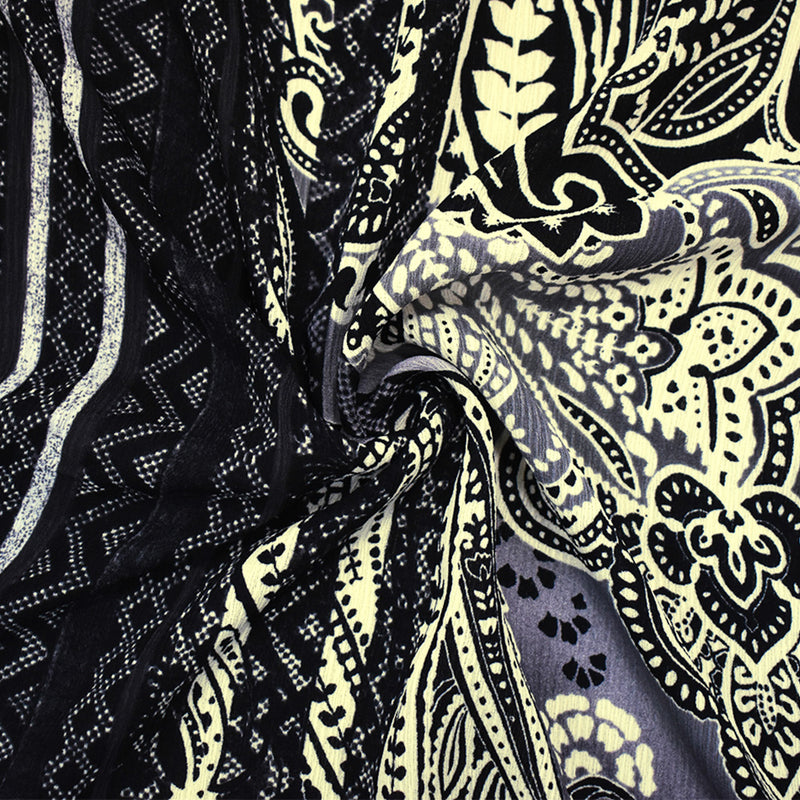 Black-Multi Poly Multi Pattern Border Printed Crinkled Crepe Woven Fabric