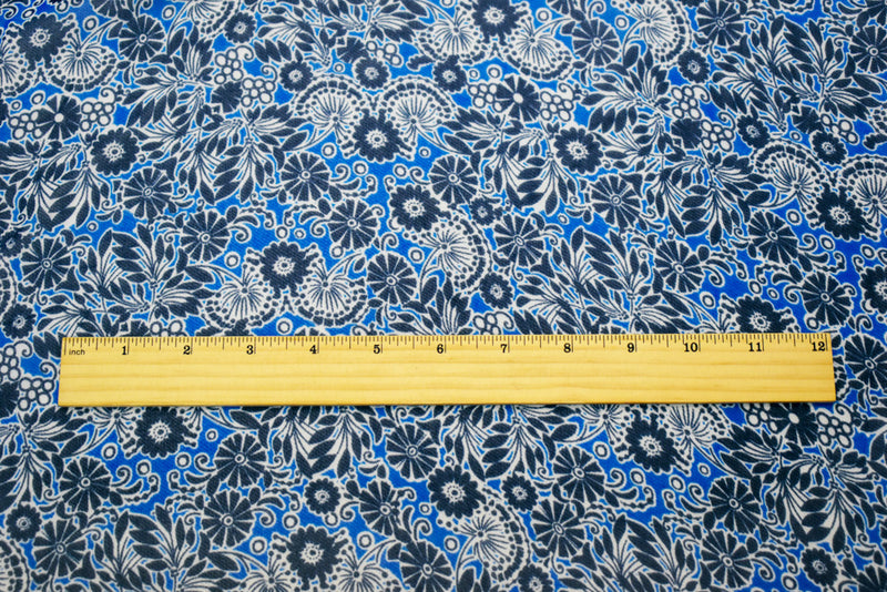 Bright Blue-Navy-White Poly Floral Printed Chiffon Woven Fabric
