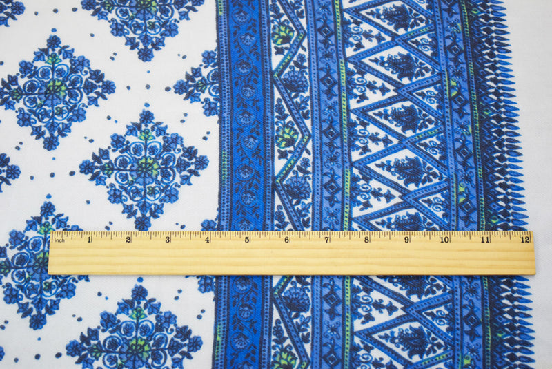 Blue-Green-White Poly Border Printed Chiffon Woven Fabric