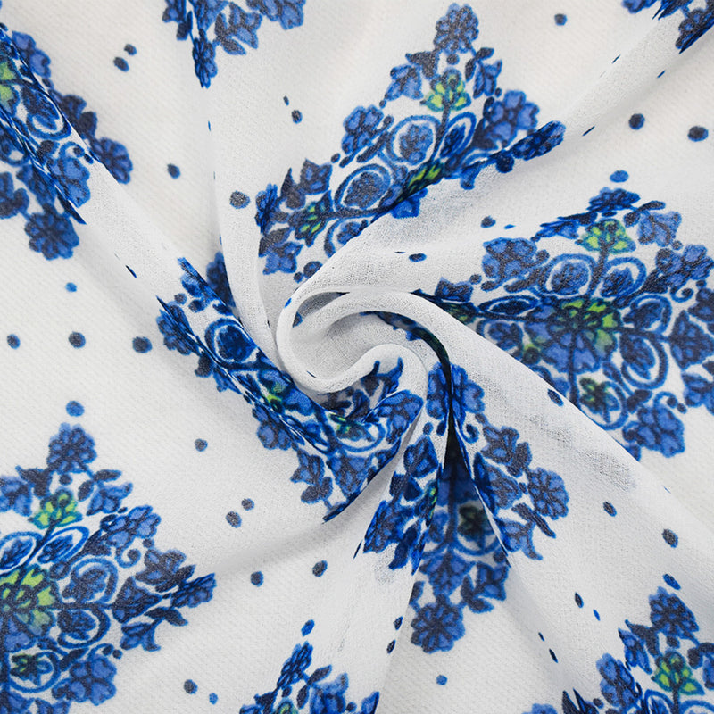 Blue-Green-White Poly Border Printed Chiffon Woven Fabric