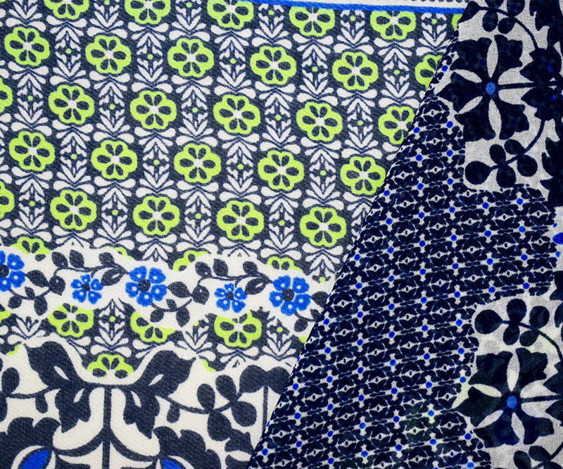 Deep Navy-Lime-Multi Border Printed Chiffon Woven Fabric