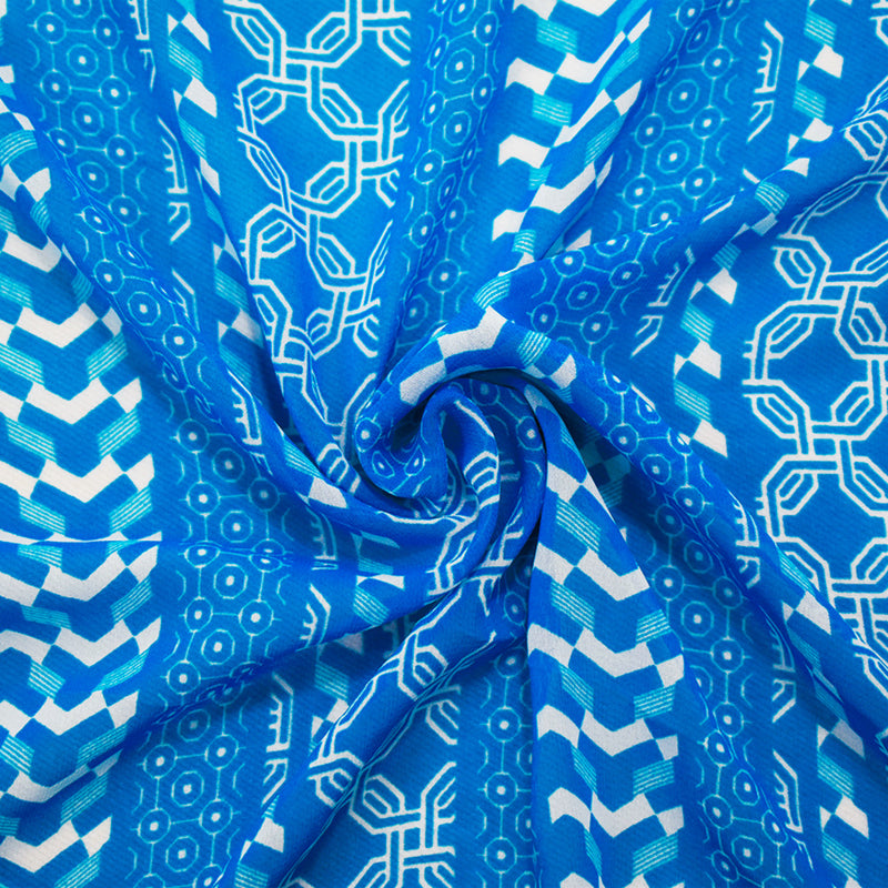 Bright Blue-White Moroccan Geo Striped Printed Chiffon Woven Fabric