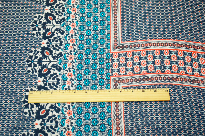 Deep Blue-Orange-Multi Border Printed Chiffon Woven Fabric