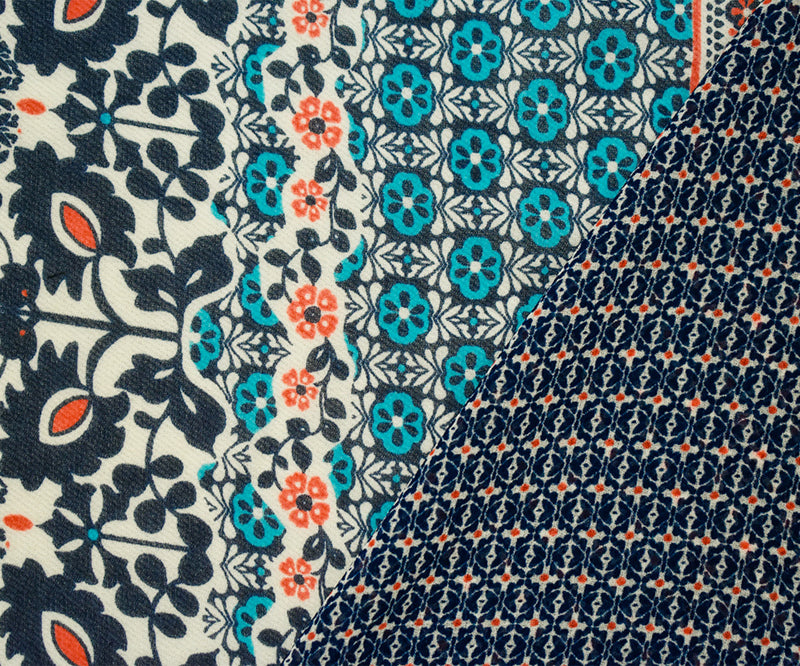 Deep Blue-Orange-Multi Border Printed Chiffon Woven Fabric