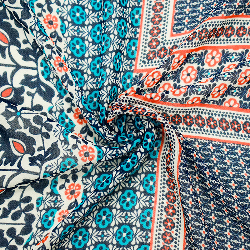 Deep Blue-Orange-Multi Border Printed Chiffon Woven Fabric