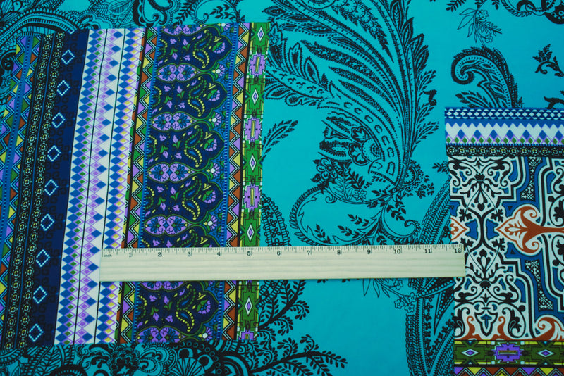 1 YD PC-Turquoise-Multi Poly Abstract Multi Pattern Printed Crepe Georgette Fabric